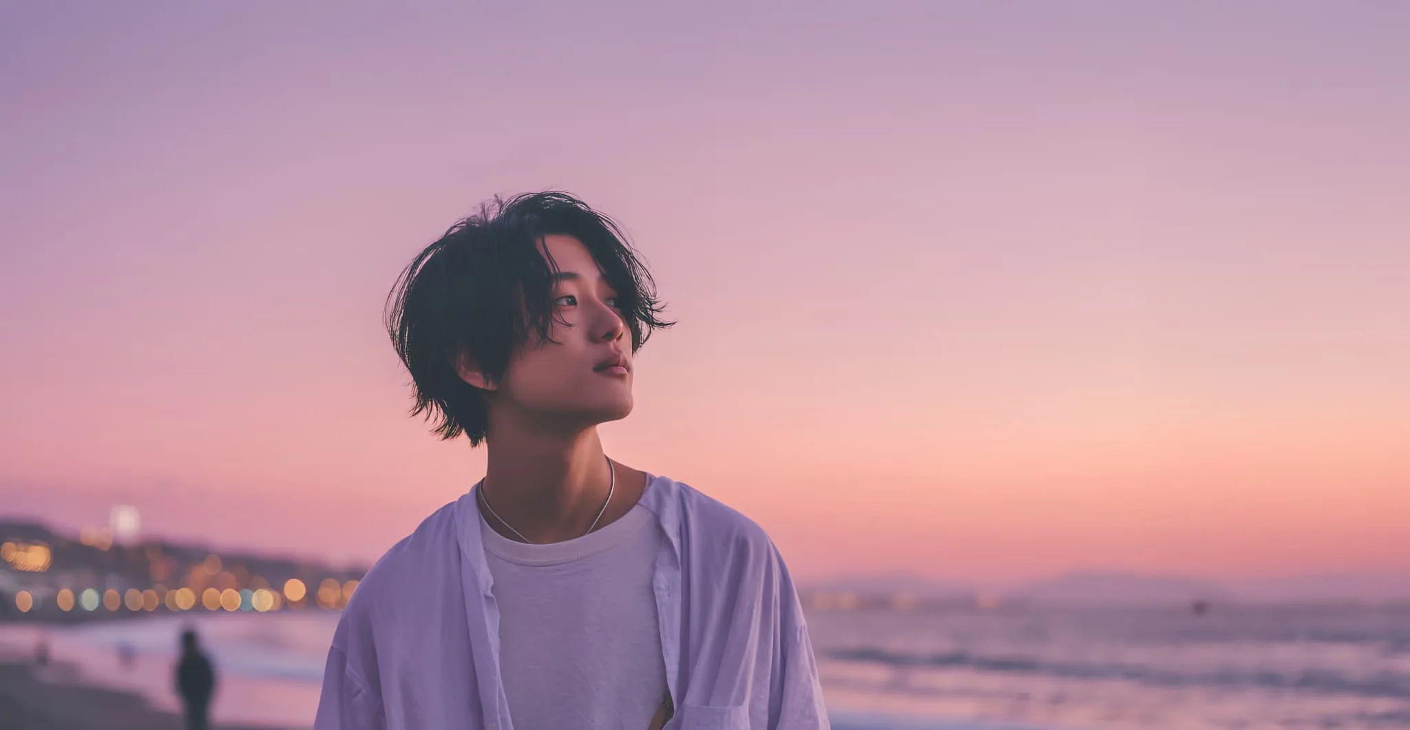 夕暮れの海辺に立つ人物